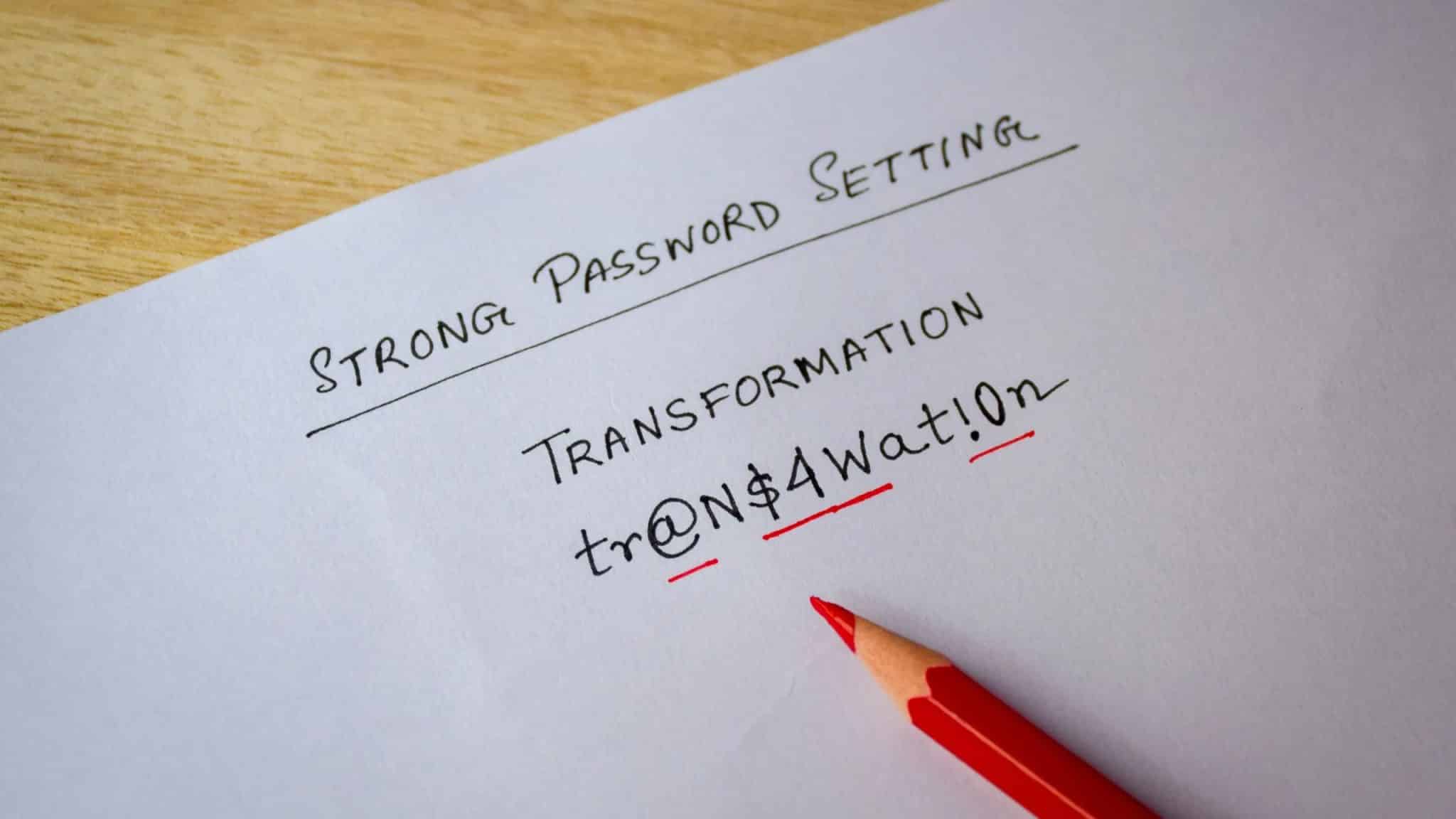 La matita rossa scrive una password complessa su un foglio di carta