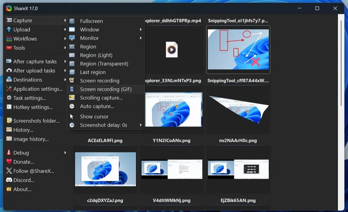 ShareX 應用程式在 Windows 上顯示擷取選項