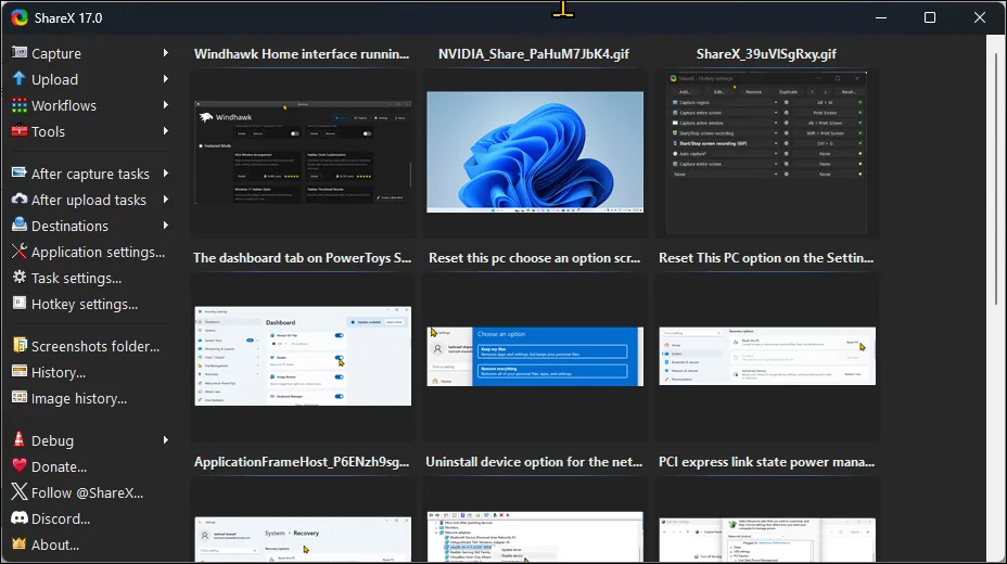 ShareX-Benutzeroberfläche unter Windows 11