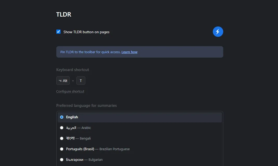 Page des paramètres de l'extension Chrome TLDR
