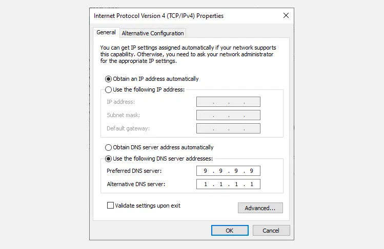 Impostazioni DNS personalizzate in Windows 10.