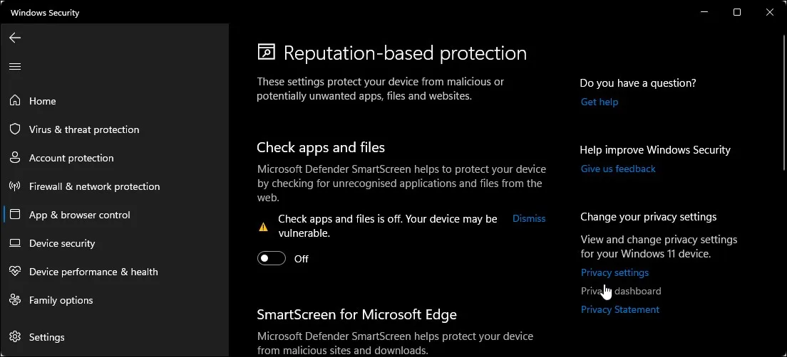 sicurezza di Windows disattiva app e file del filtro SmartScreen