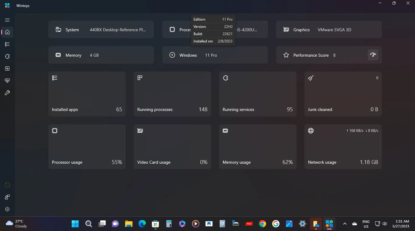 WinToys-Startbildschirm mit Hardware- und Softwaredetails