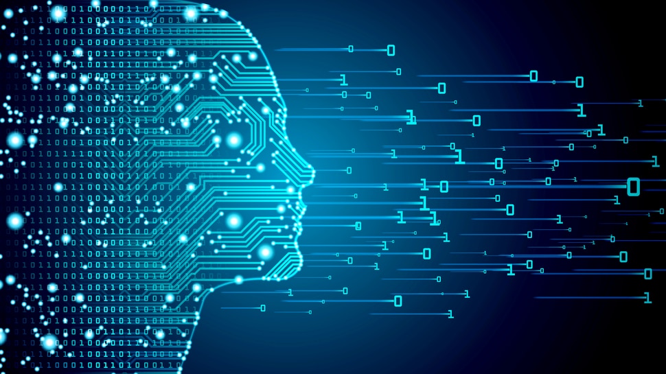 Volto di un'intelligenza artificiale di profilo su uno sfondo digitale.