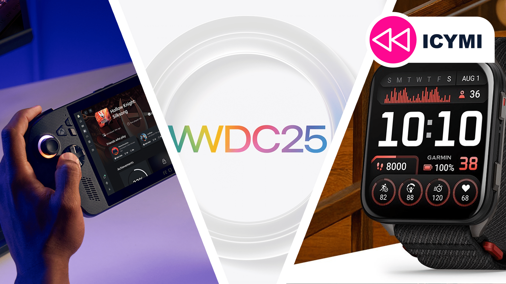 Die Xbox Rog Ally, das WWDC-Logo und die Garmin-Uhr