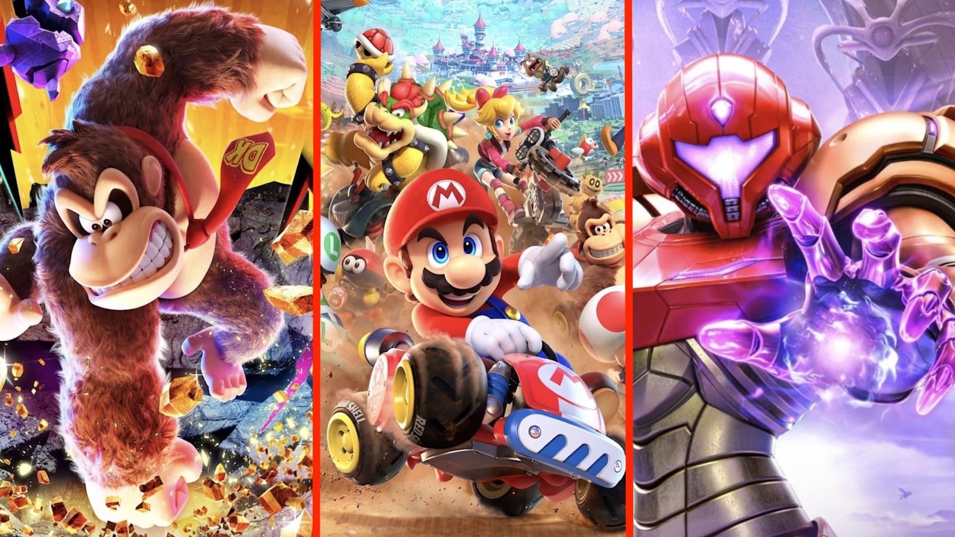 Donkey Kong, Mario Kart, Metroid Prime 4 캐릭터 콜라주