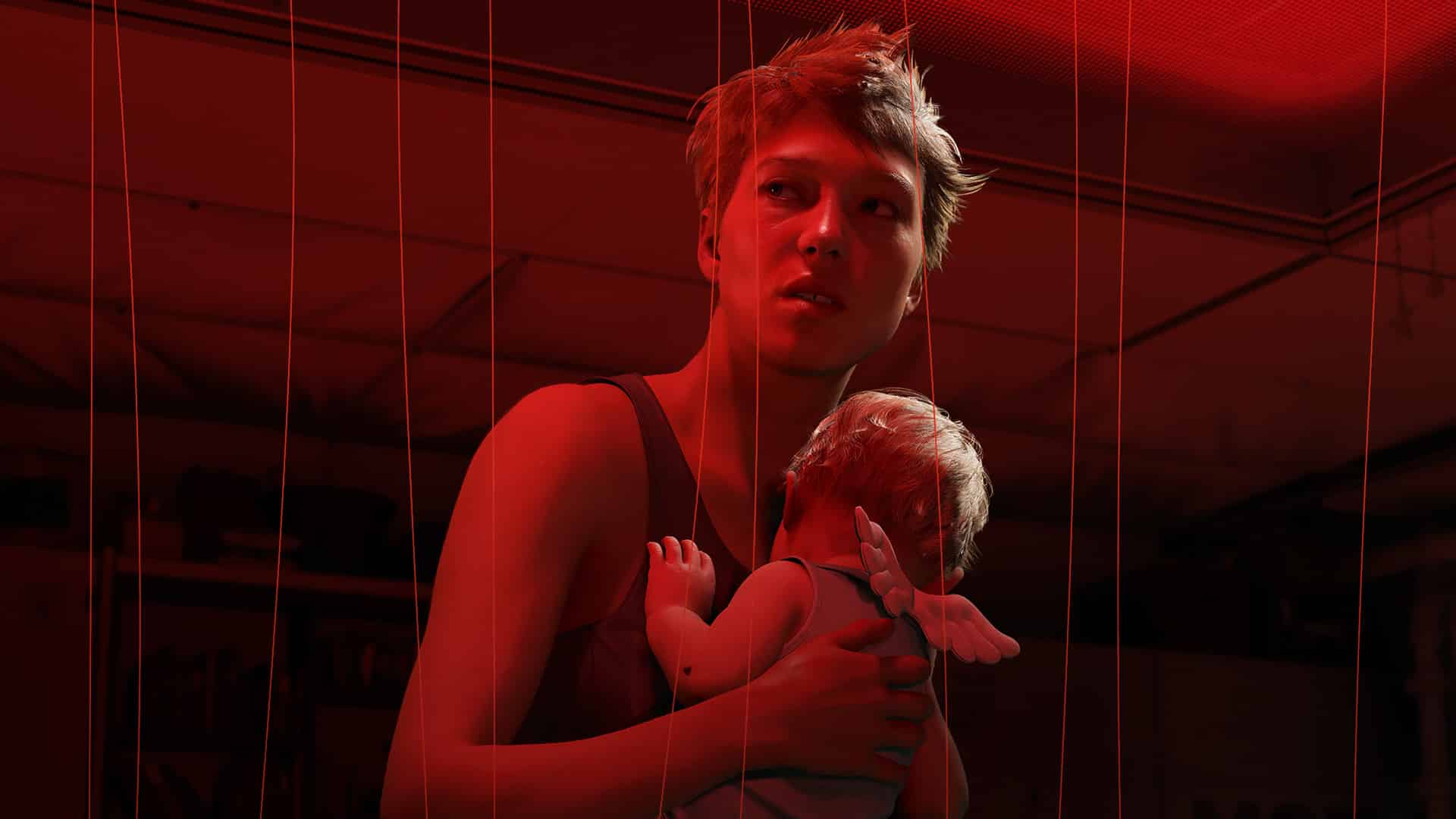 Τέχνη από το Death Stranding 2 με τον Fragile και ένα μωρό σε κόκκινη απόχρωση.