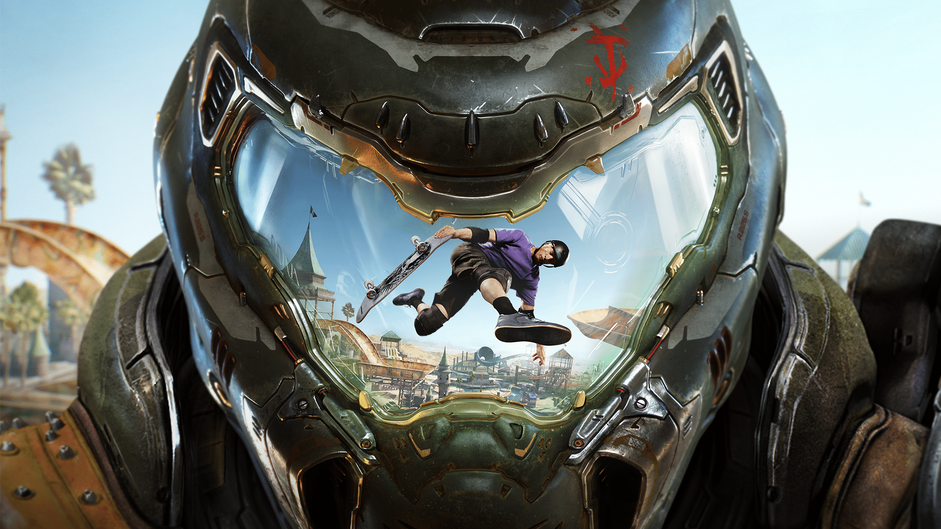 Tony Hawk's Pro Skater 3+4'ün tanıtım görselinde Doom Slayer'ın Tony'ye baktığı görülüyor.