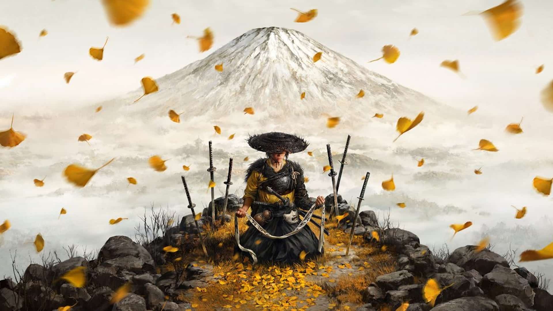 Atsu 跪著,手裡拿著一把鏈鎖武器,周圍黃葉飛舞