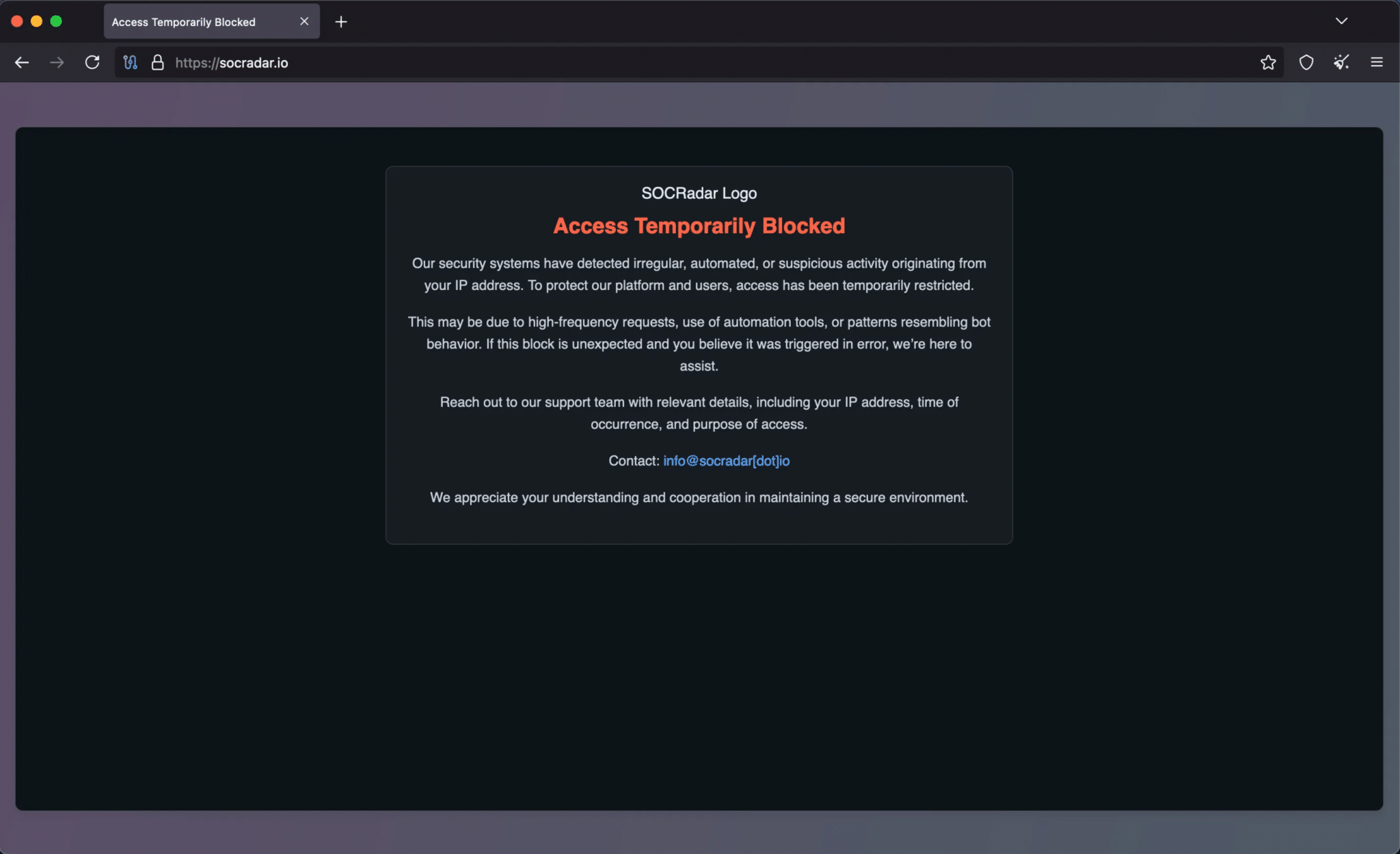 Baner z ograniczeniami z socradar.io podczas dostępu przez Tor