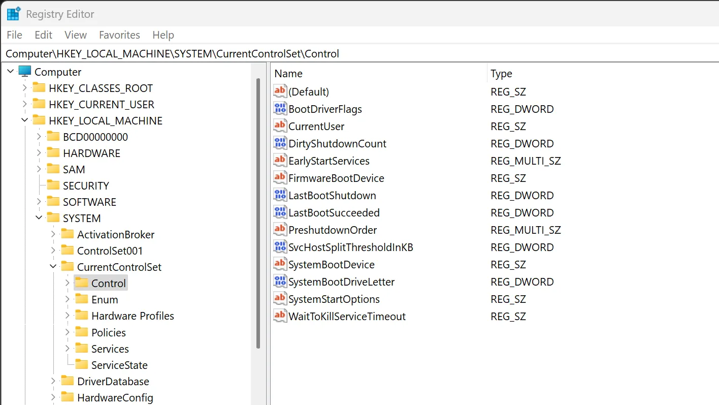 Parametri di controllo nell'editor del registro di Windows.