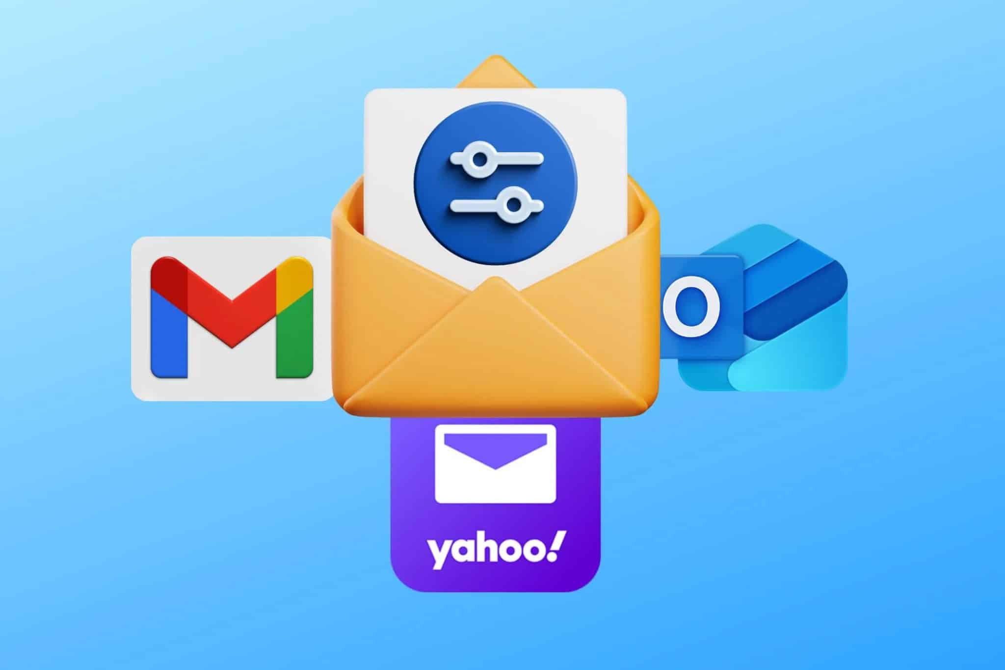帶有 Gmail、Yahoo Mail 和 Outlook 過濾器圖標和徽標的電子郵件