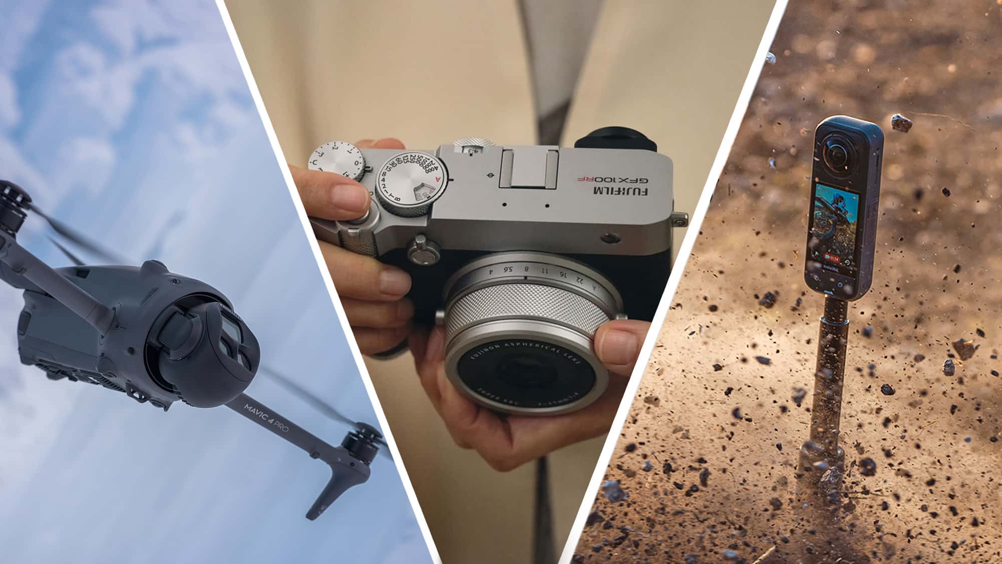 飛行中的 DJI Mavic 4 Pro、手中的 Fujifilm GFX100RF 輕巧相機以及 Insta360