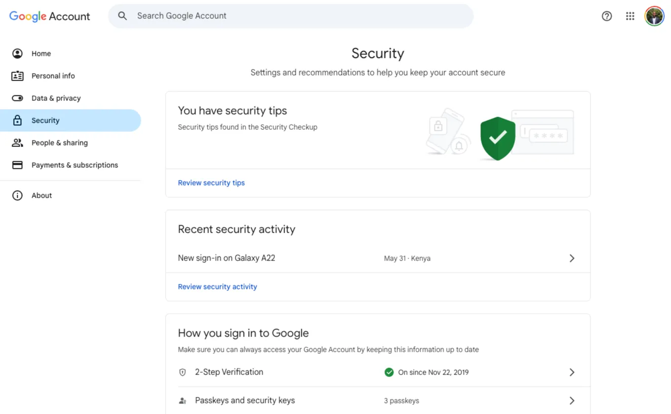 Pagina sulla sicurezza dell'account Google