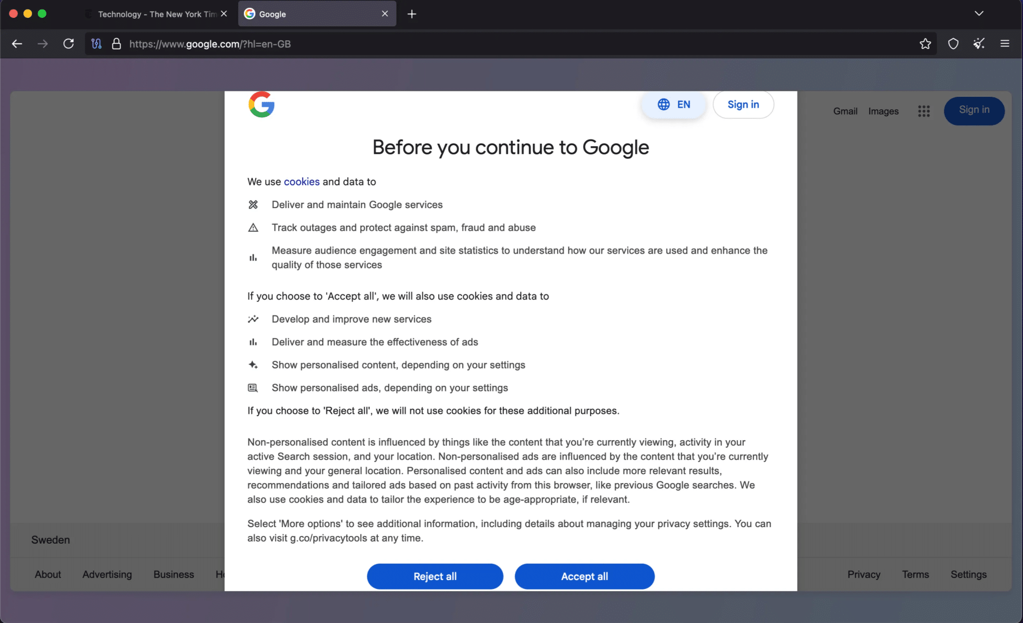 Baner zgody na pliki cookie Google w Tor