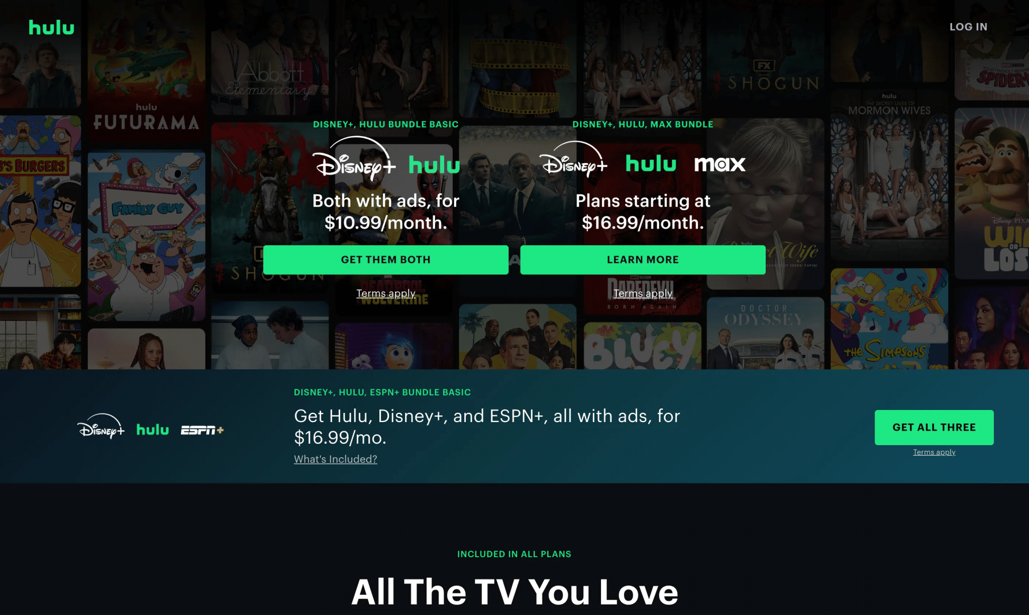 Pagina di benvenuto del servizio di streaming Hulu