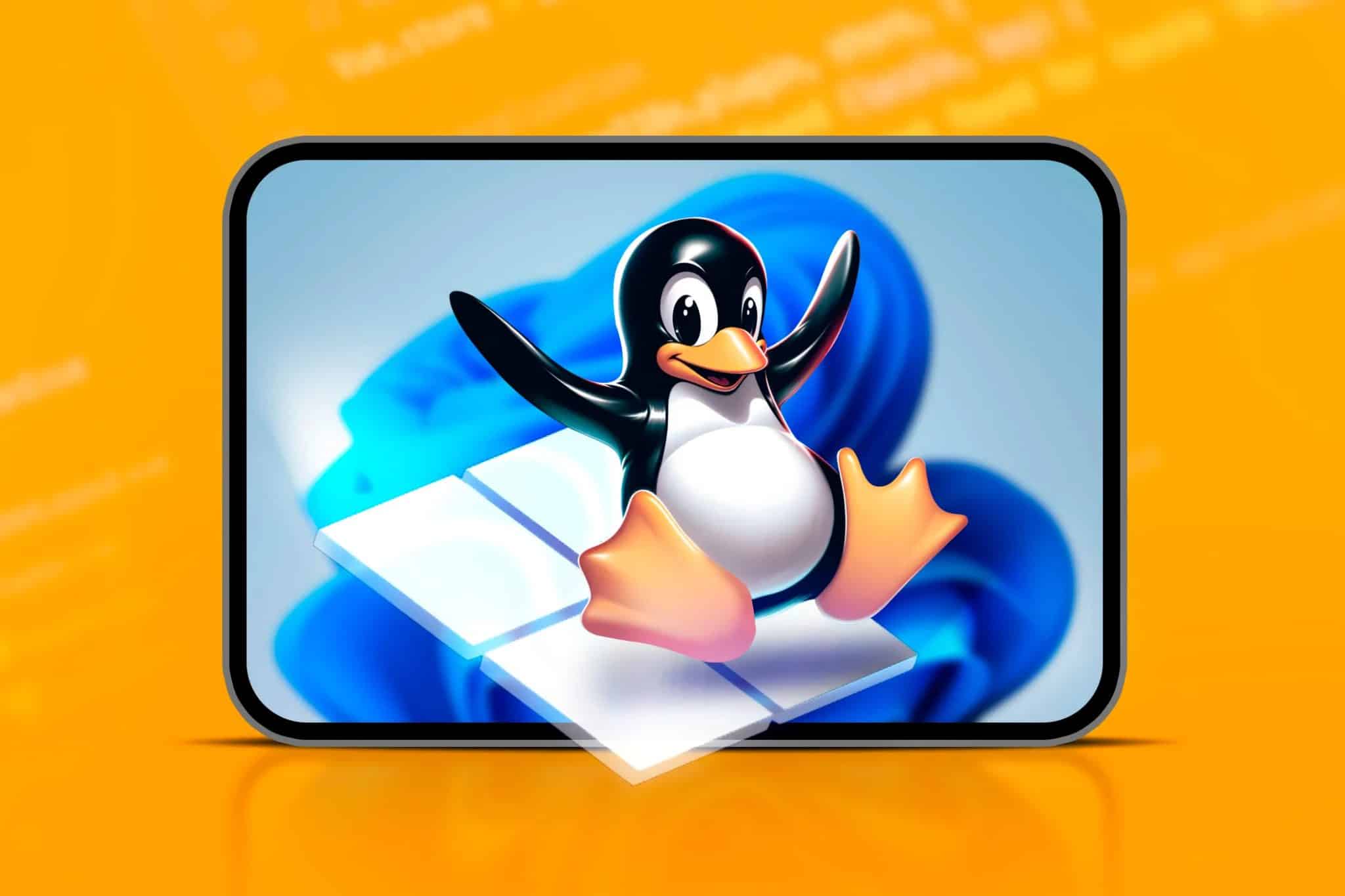 Il logo di Linux che emerge dal logo di Windows e dalla schermata di Windows 11 sullo sfondo.
