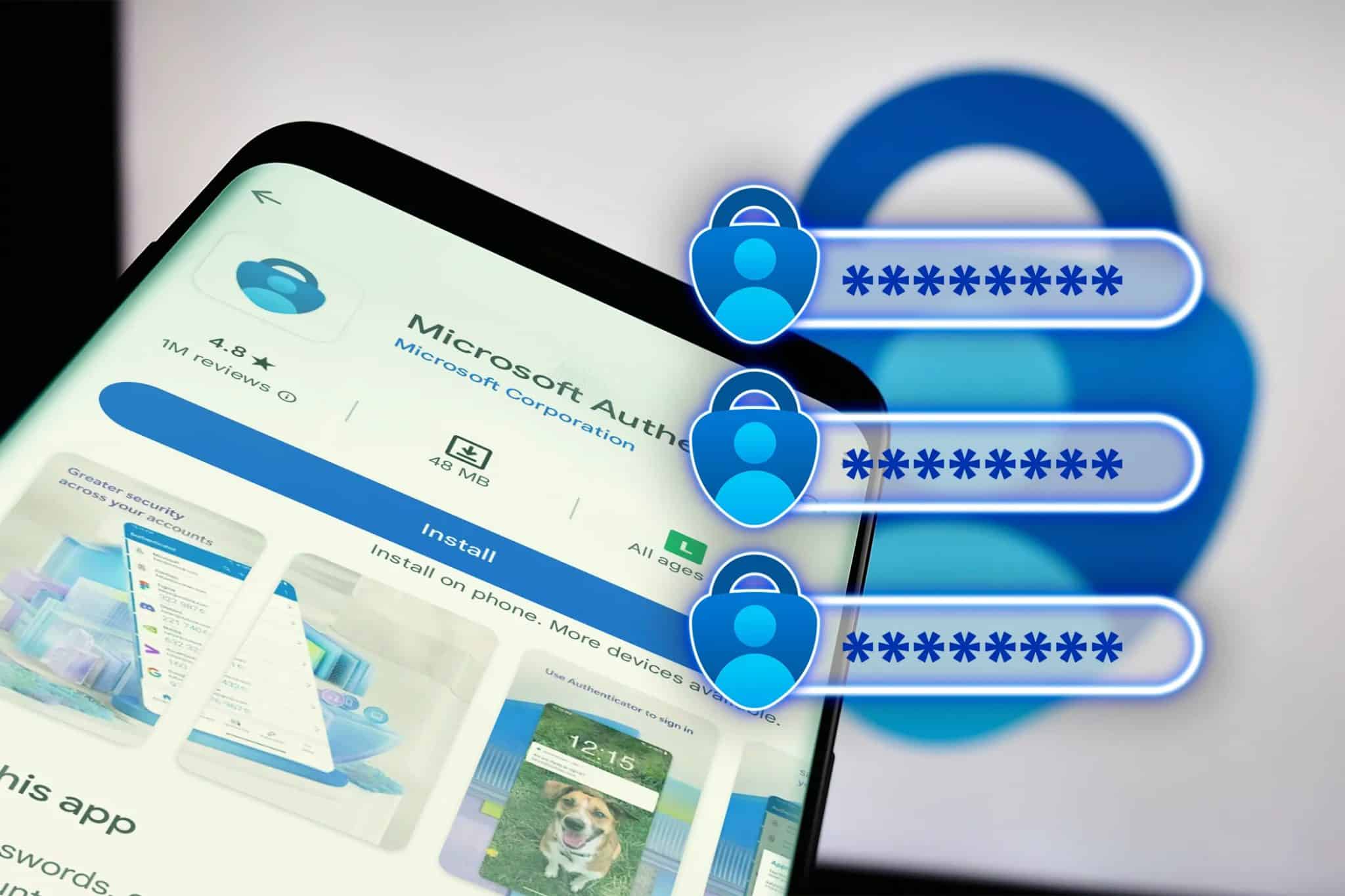 Microsoft Authenticator auf einem Telefonbildschirm und einige Passwörter.
