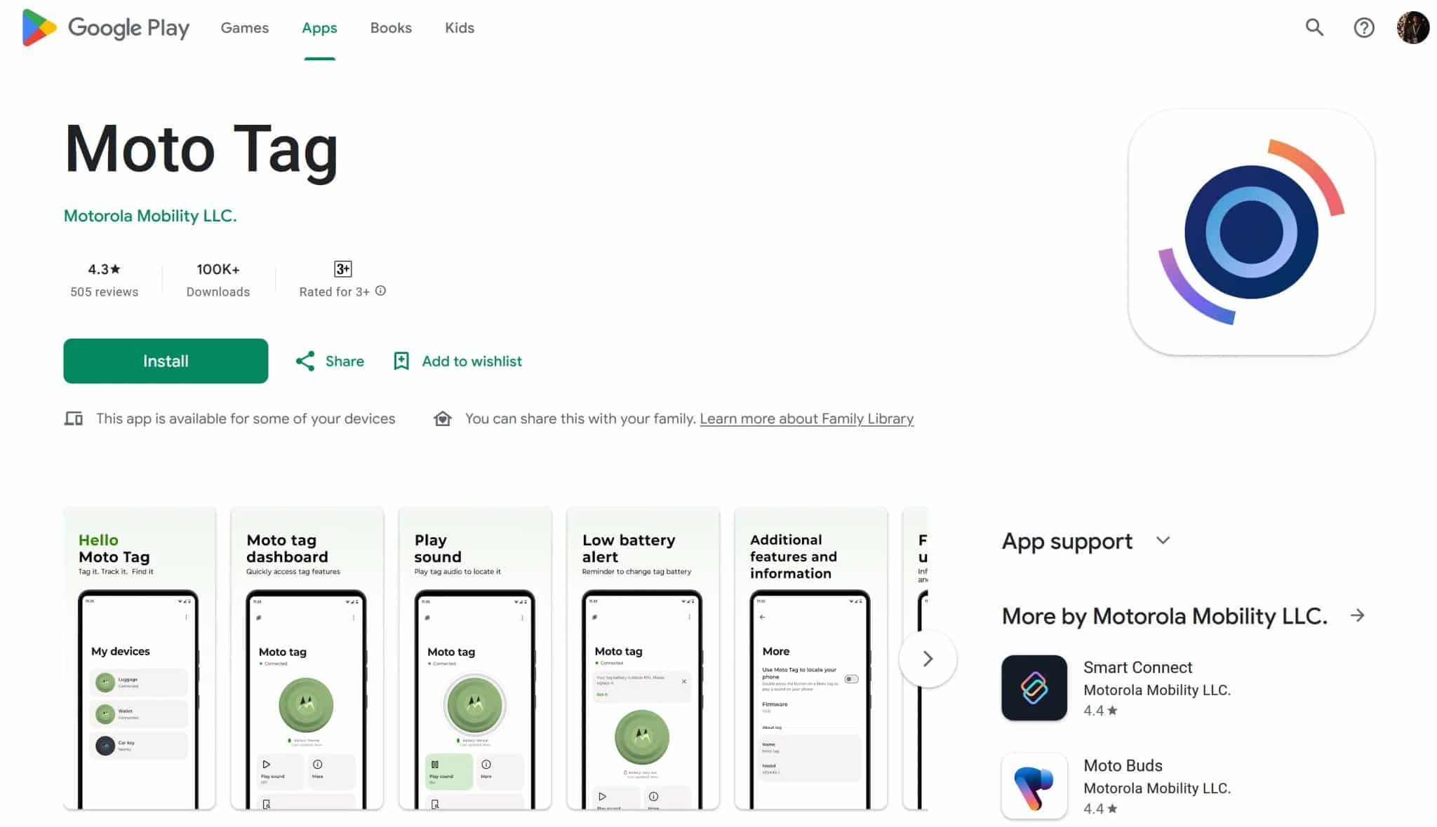 Σελίδα εφαρμογής Moto Tag στο Play Store