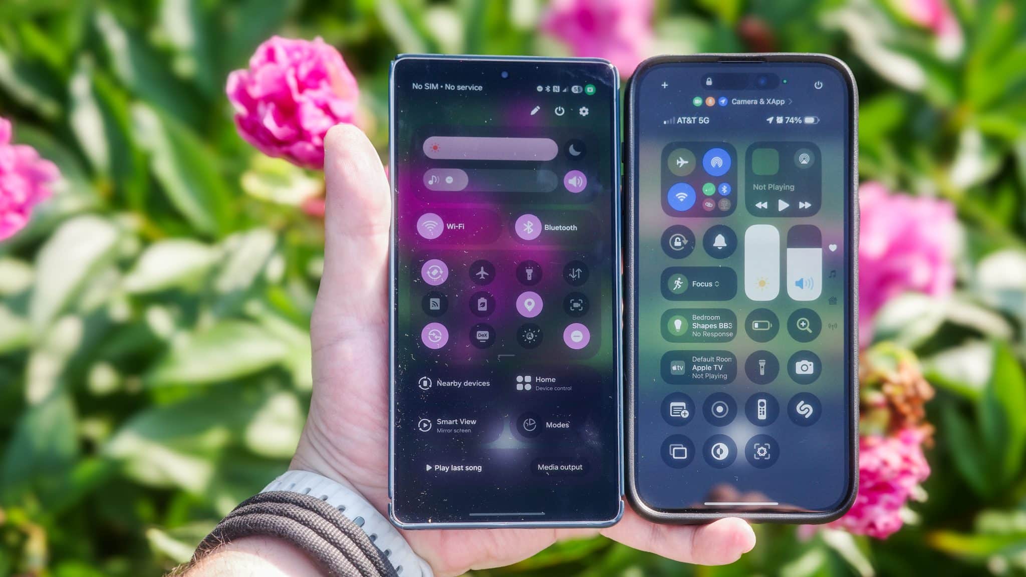 Los mejores teléfonos con cámara toman fotografías de flores rojas bajo la luz solar directa, sostenidas individualmente una al lado de la otra.