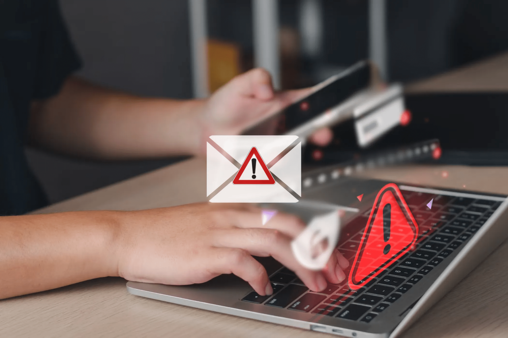 Phishing email icon with a person using a laptop and phone in background
