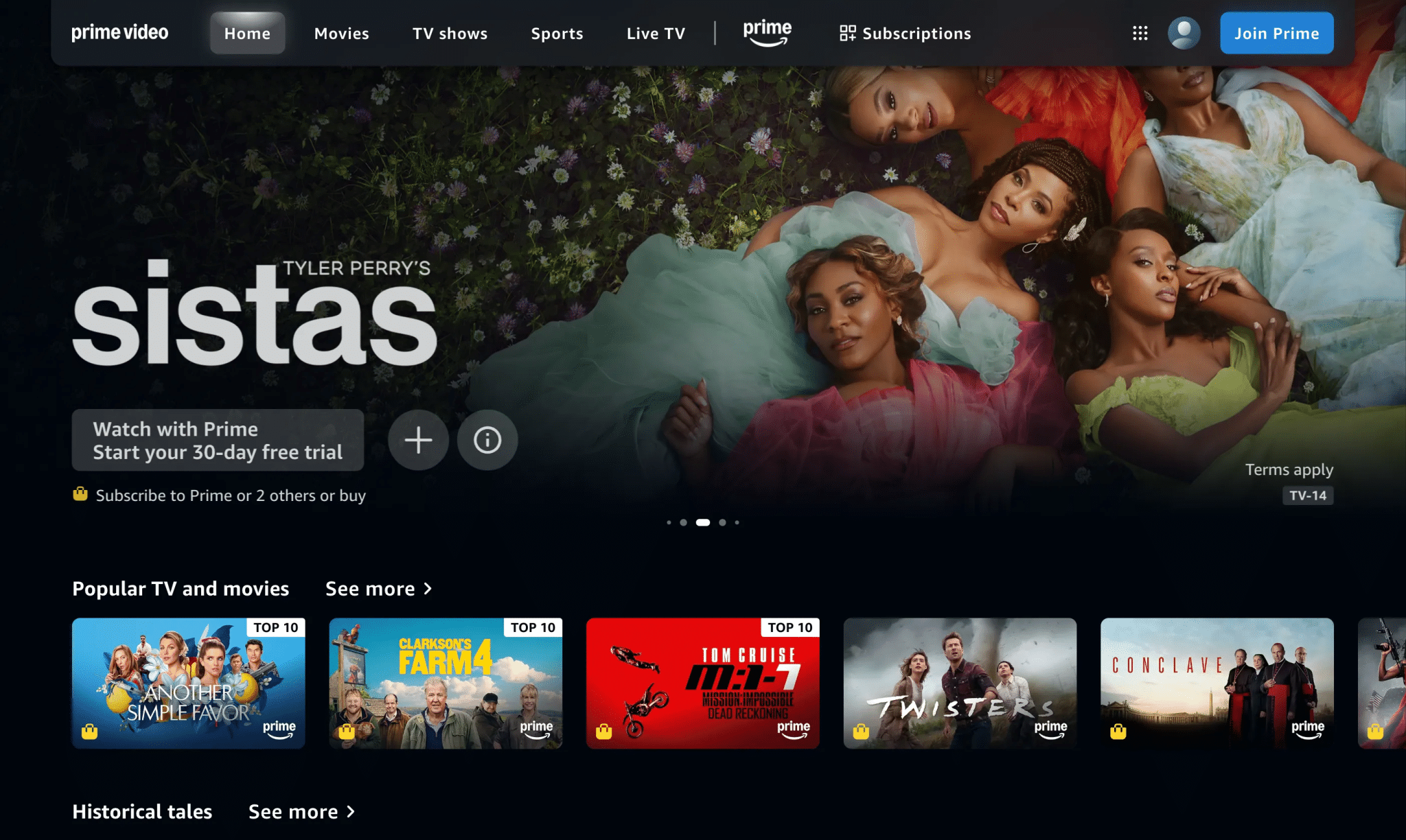 Schermata iniziale del servizio di streaming video Prtime