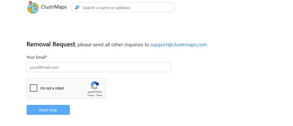 Pagina di richiesta di rimozione su CLustrMaps