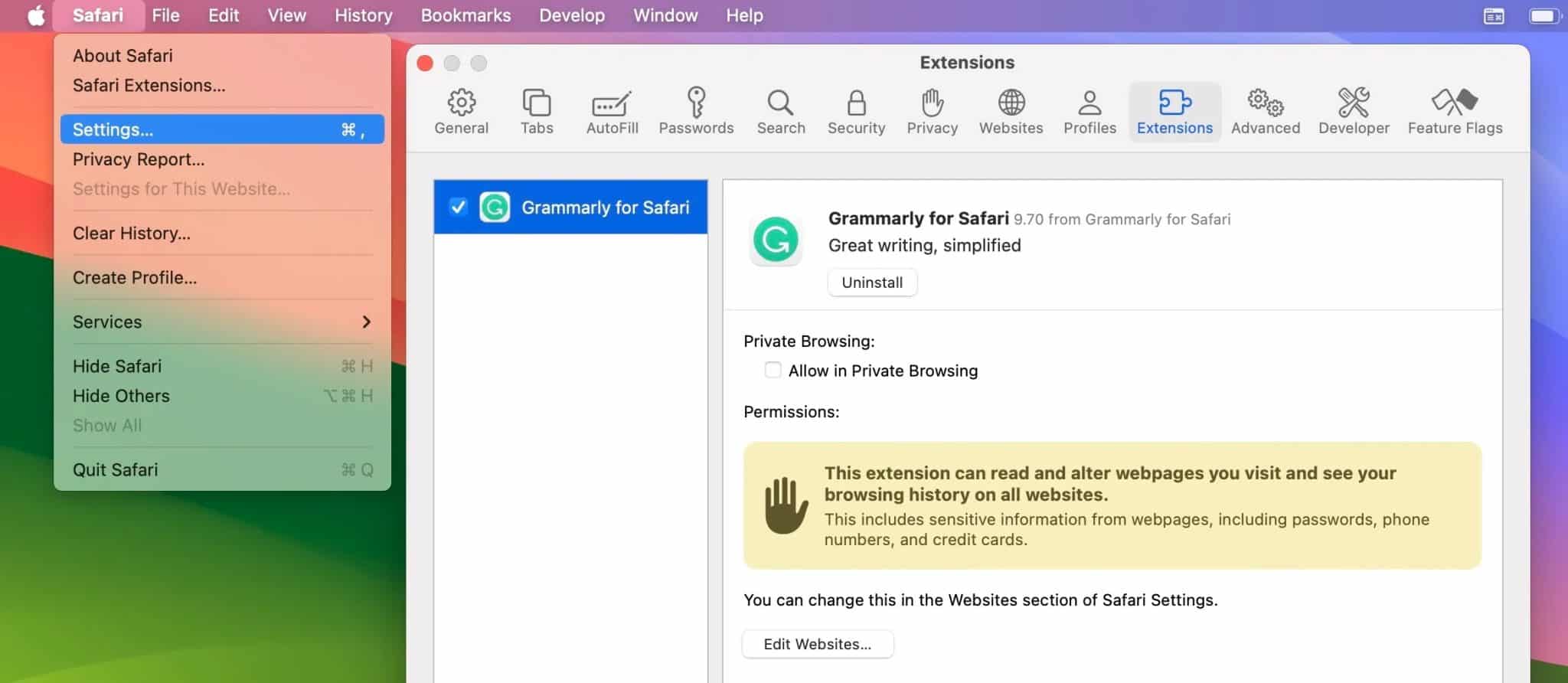 Safari の設定メニューに拡張機能タブが表示されている