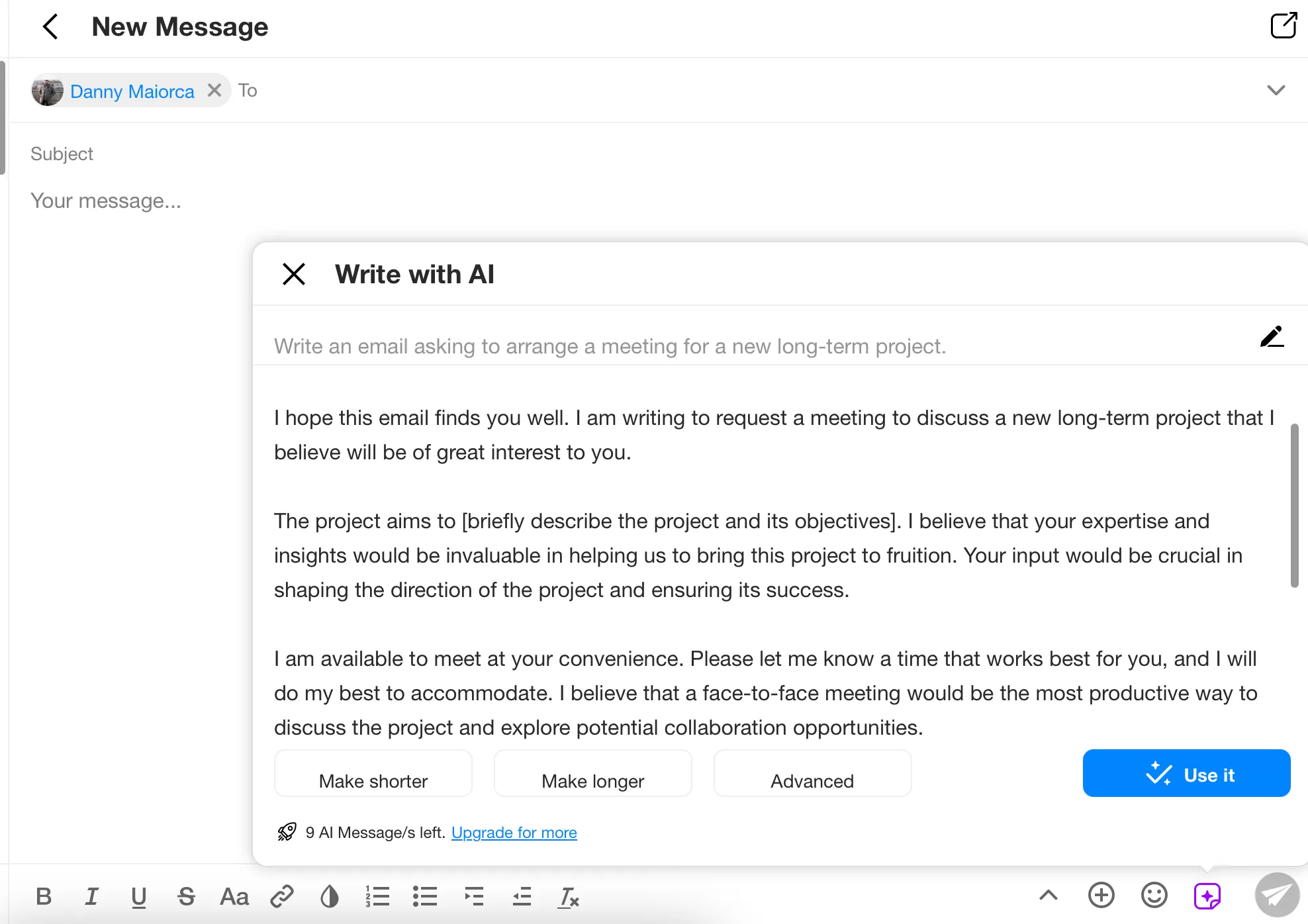 Generazione di un'e-mail con l'intelligenza artificiale nell'app Spike