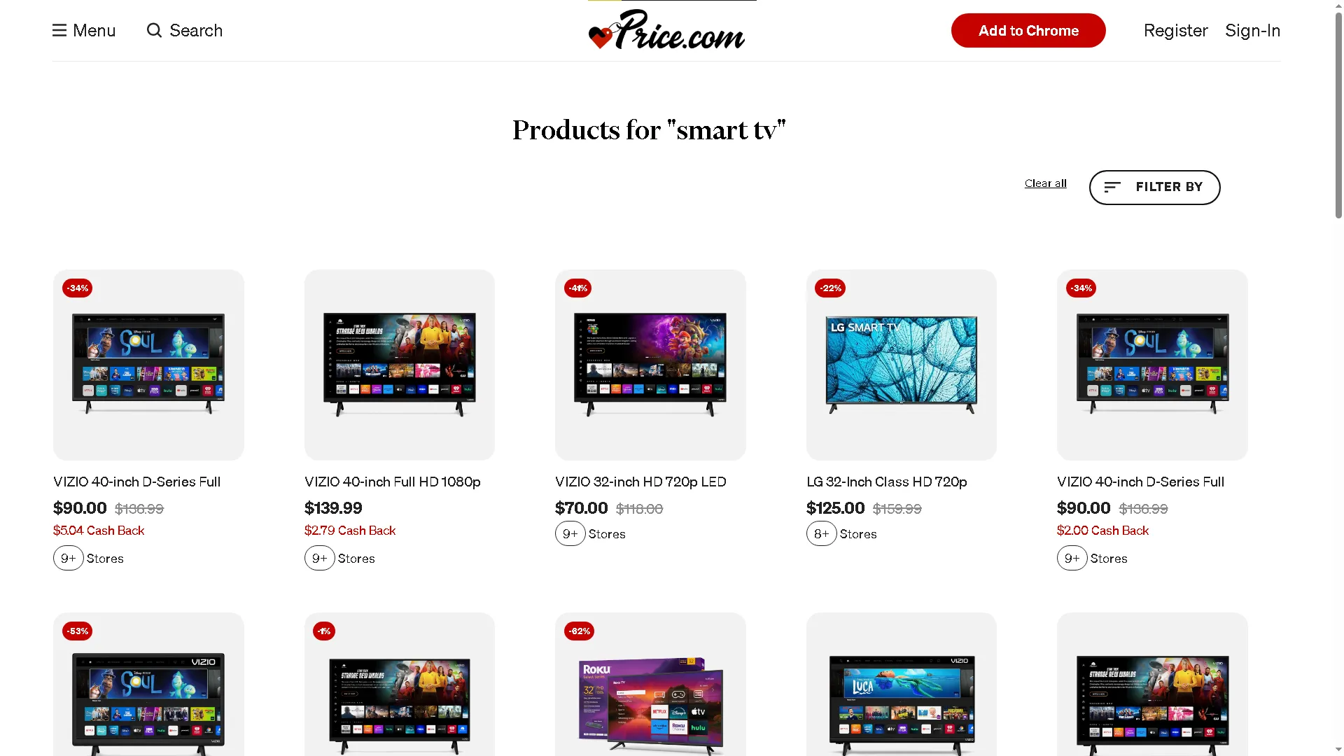 Ricerca di smart TV sul sito Price