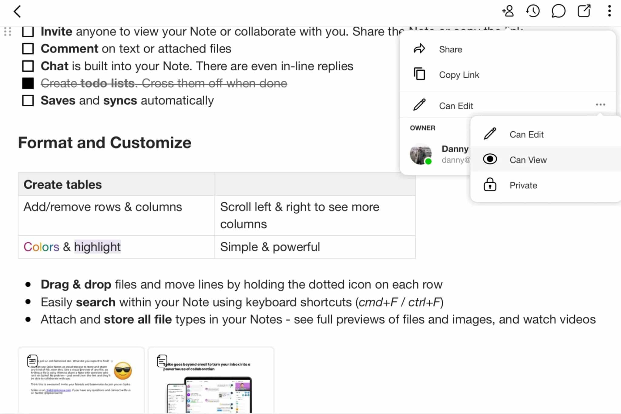 Impostazioni di collaborazione nei documenti Spike