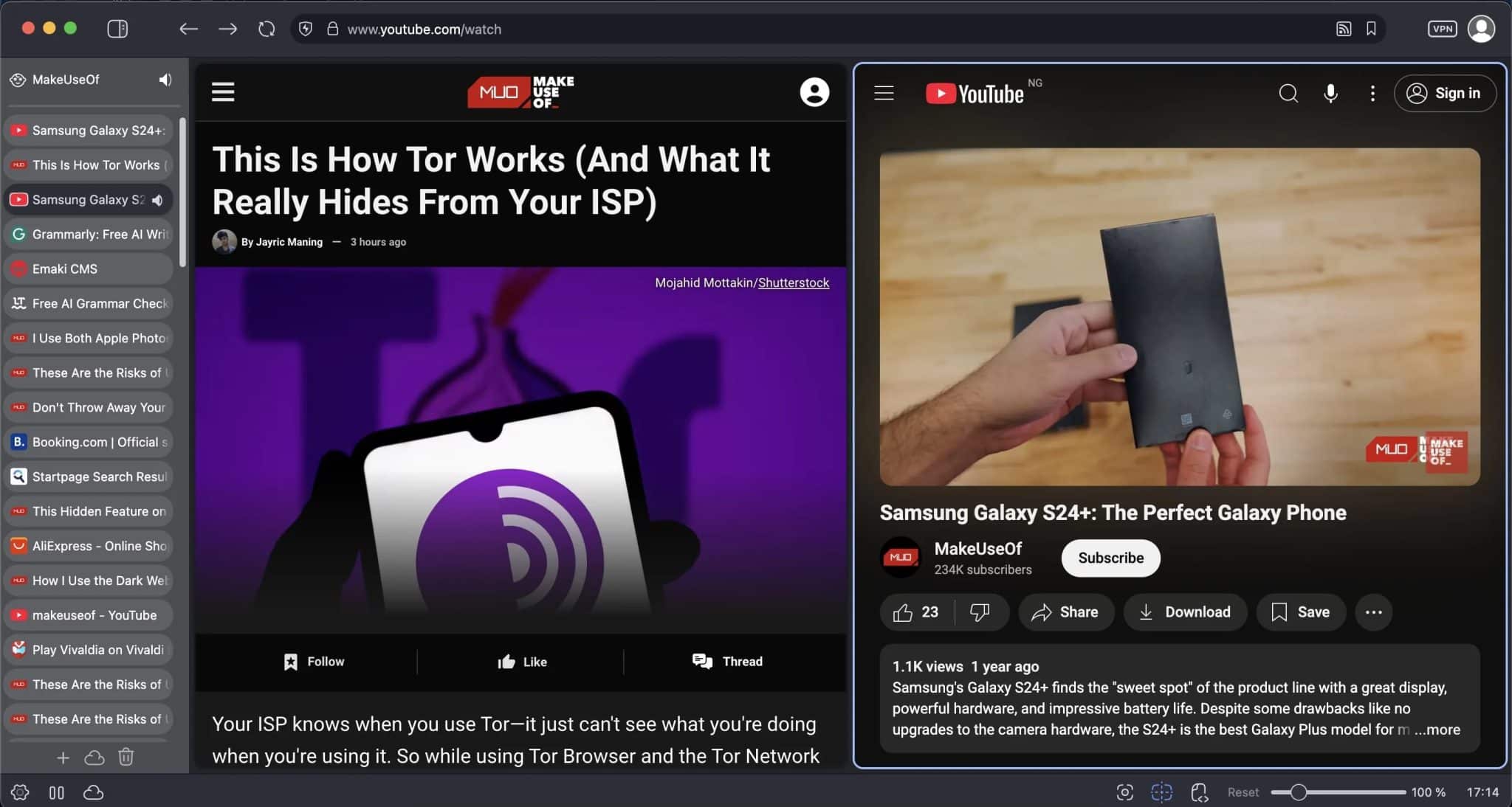 Screenshot des Vivaldi-Browsers mit Browser-Aufteilung