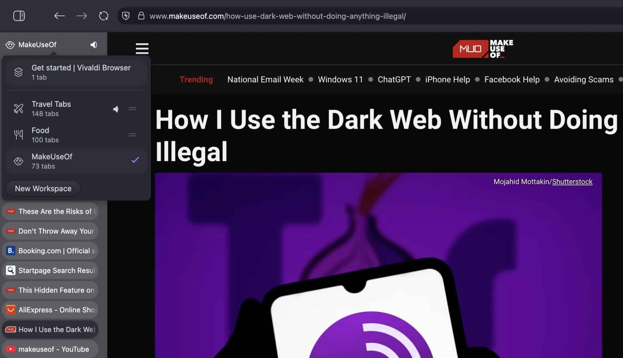 Der Vivaldi-Browser zeigt Arbeitsbereiche und Registerkarten an