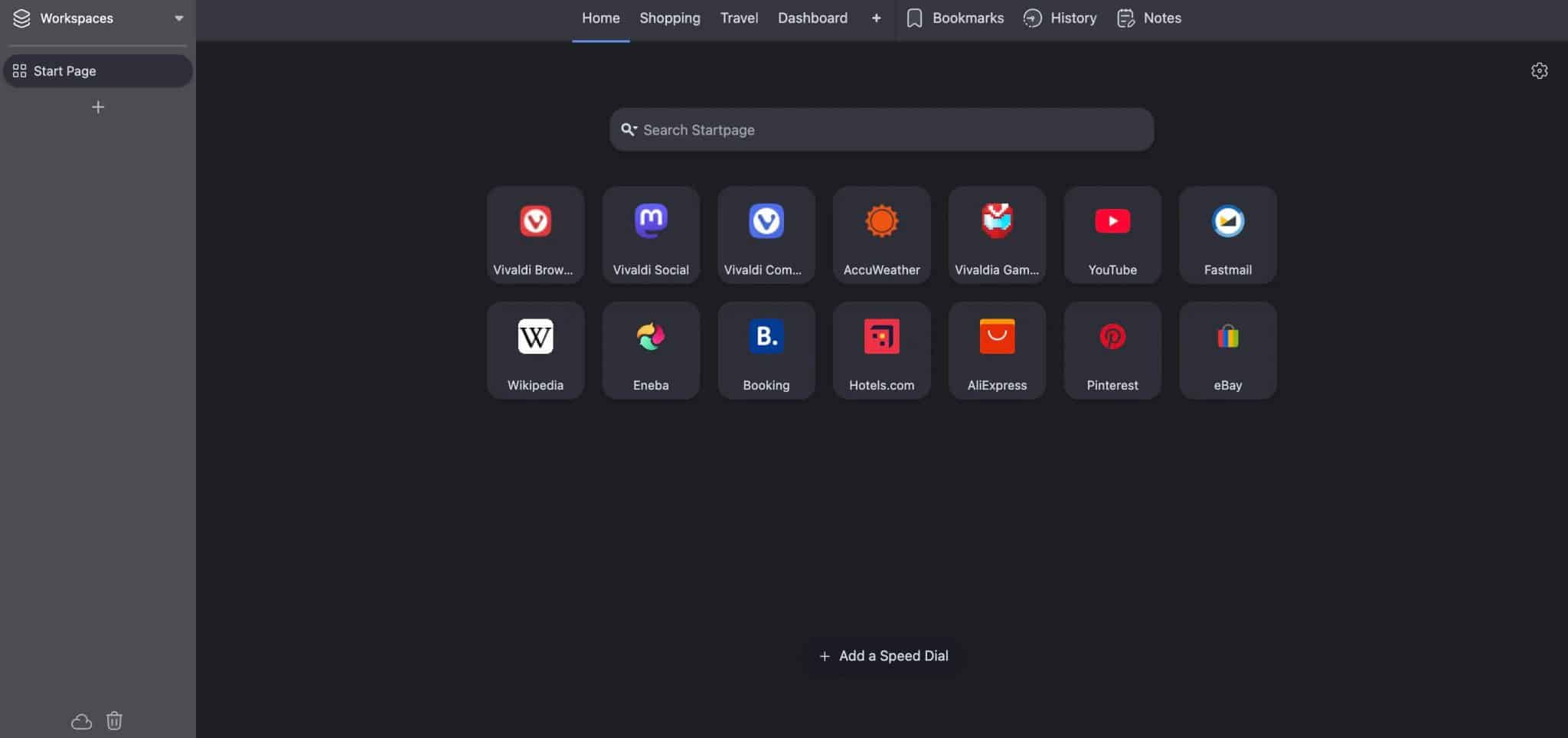 Startseite des Vivaldi-Browsers