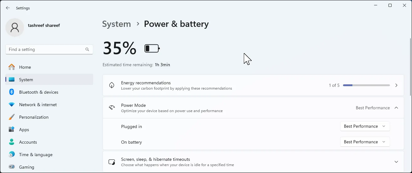 Zasilanie i bateria systemu Windows 11