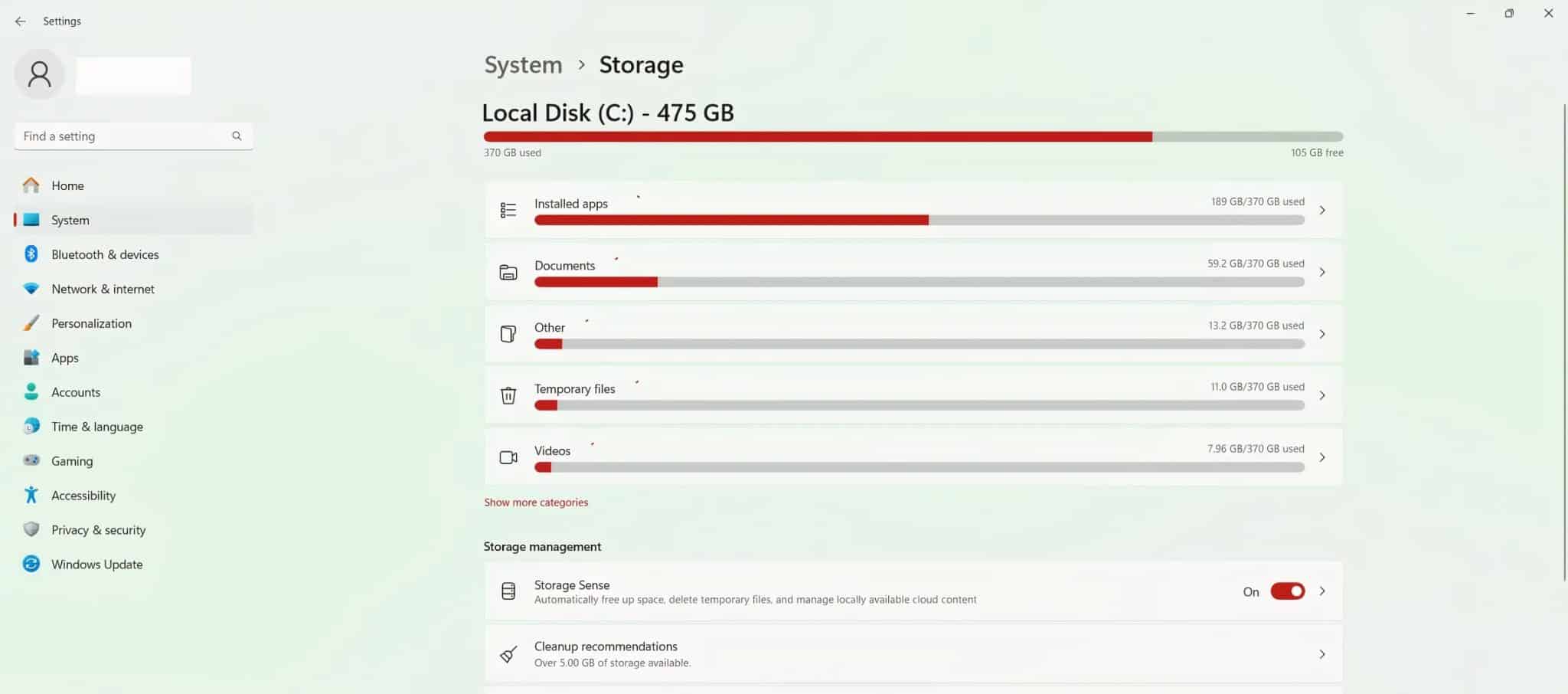 Windows drive storage showing an almost full drive
