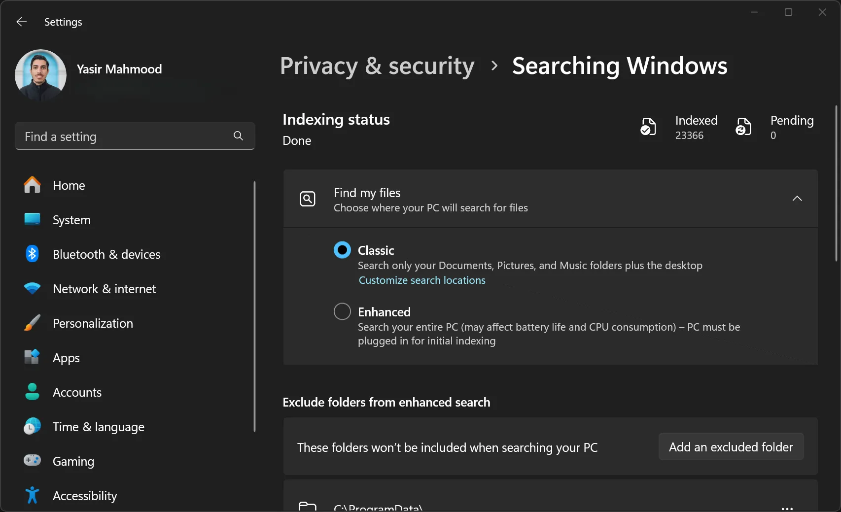Opzioni di indicizzazione della ricerca di Windows nelle impostazioni di Windows.