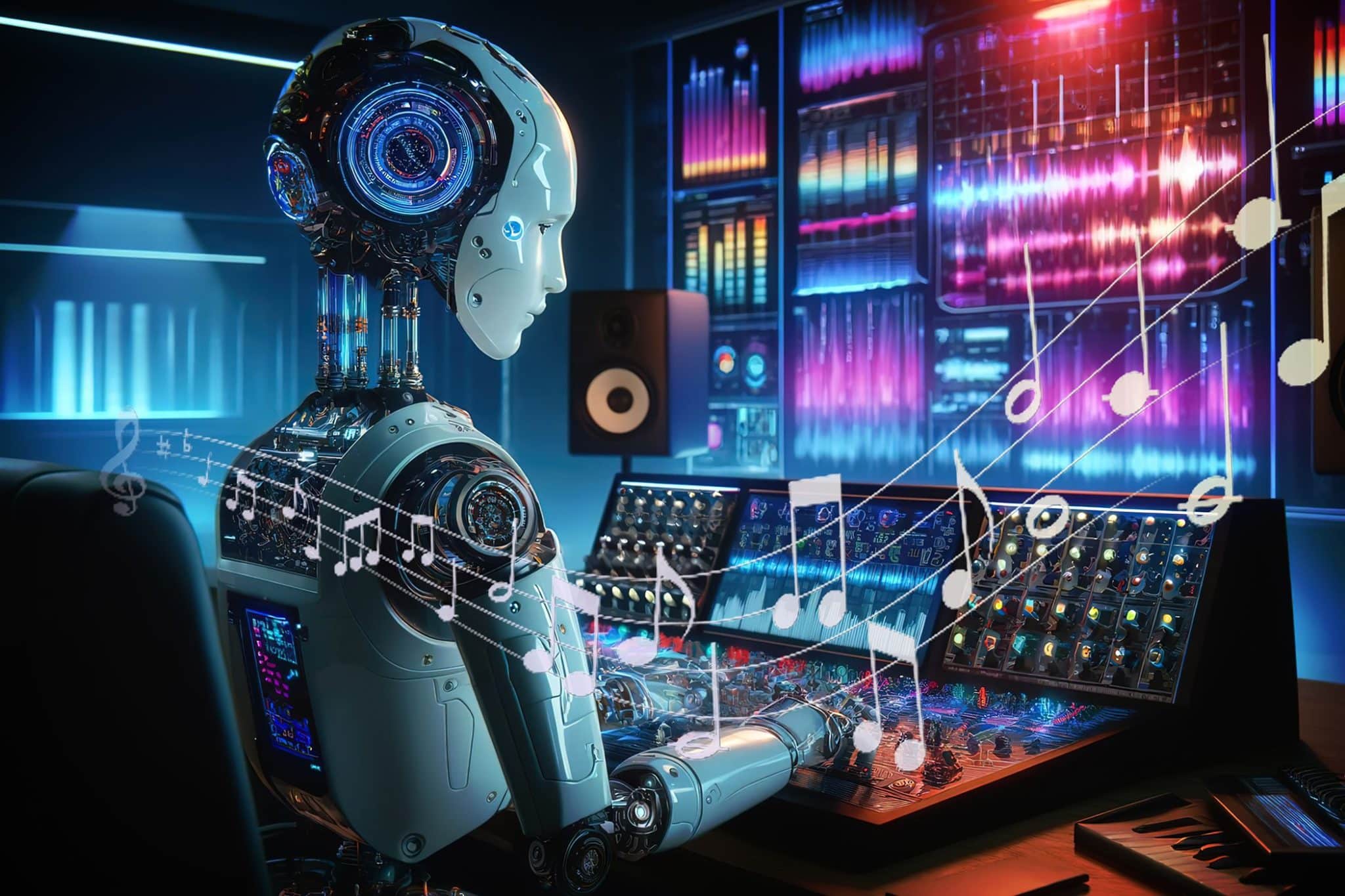 Robot używa syntezatora do nakładania nut muzycznych.