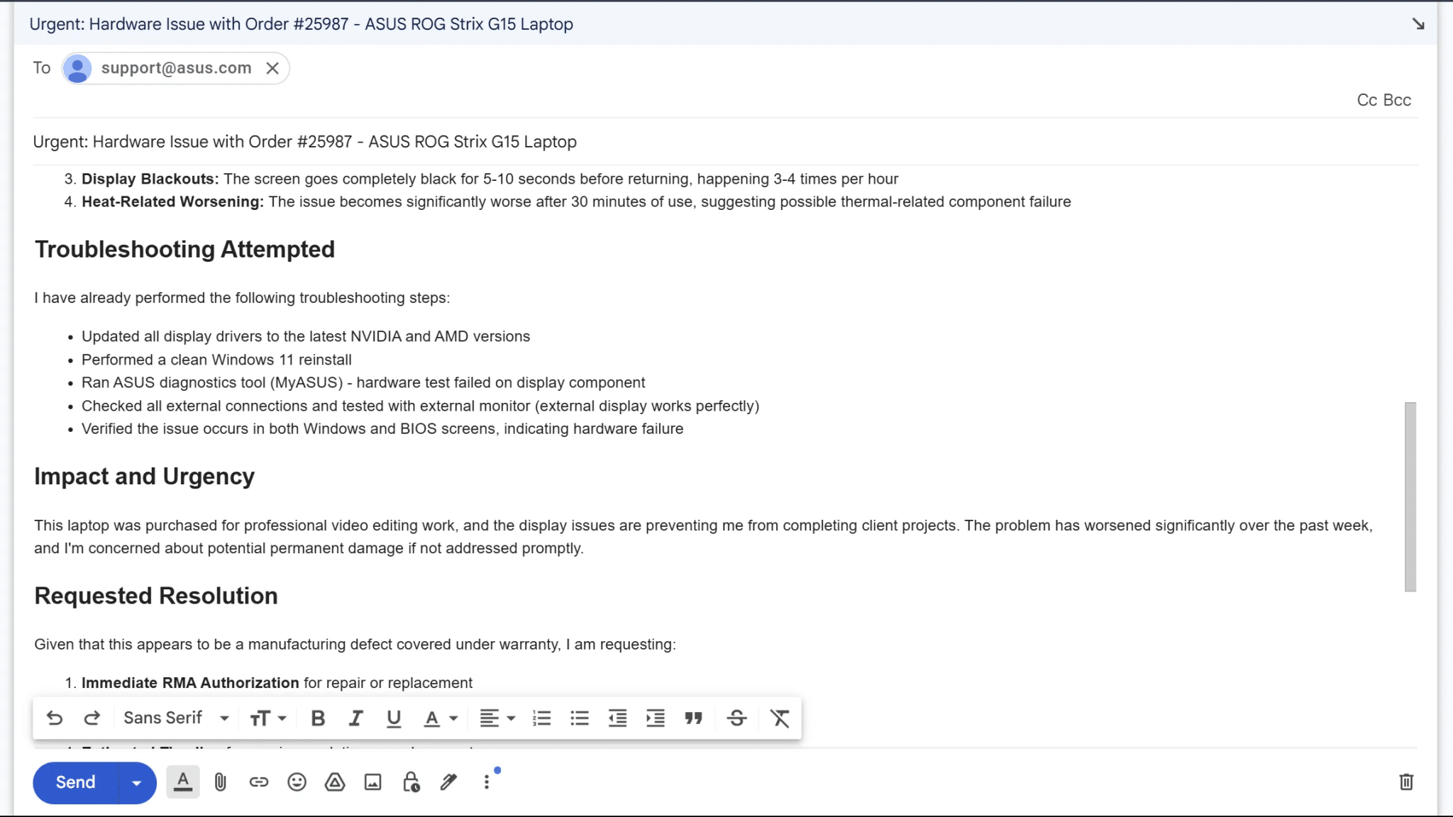 Bozza di un'e-mail all'assistenza ASUS per un problema hardware del laptop.