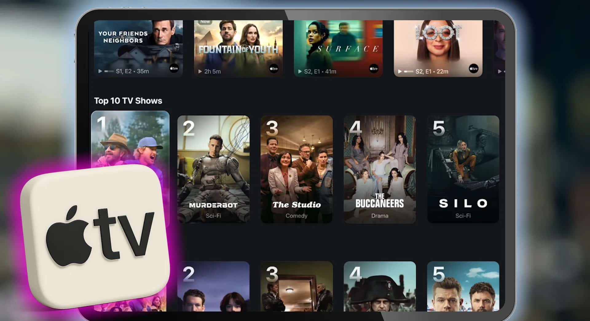 apple tvos 26 on laptop screen with apple tv logo.