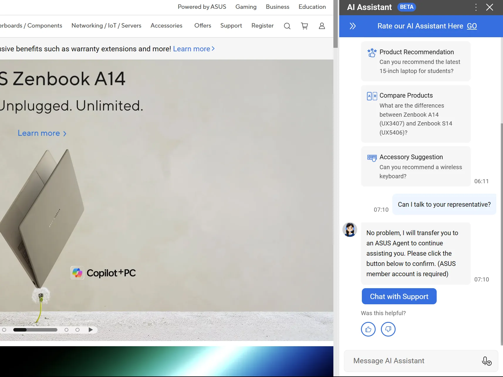 Il sito Web ASUS mostra l'ASUS Zenbook A14 con supporto per chat AI nella barra laterale.