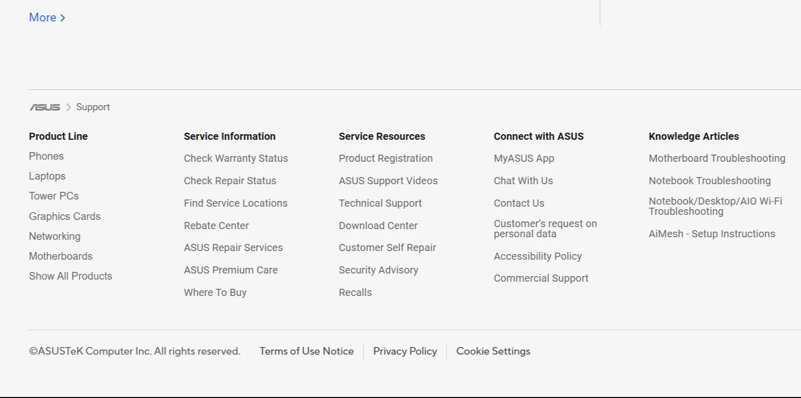 Piè di pagina del sito web ASUS con collegamenti rapidi ai servizi di supporto.