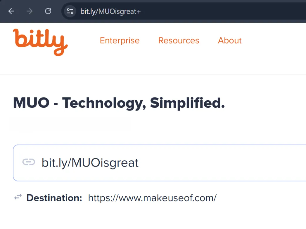 指向 MakeUseOf 主頁的 Bitly 短連結。
