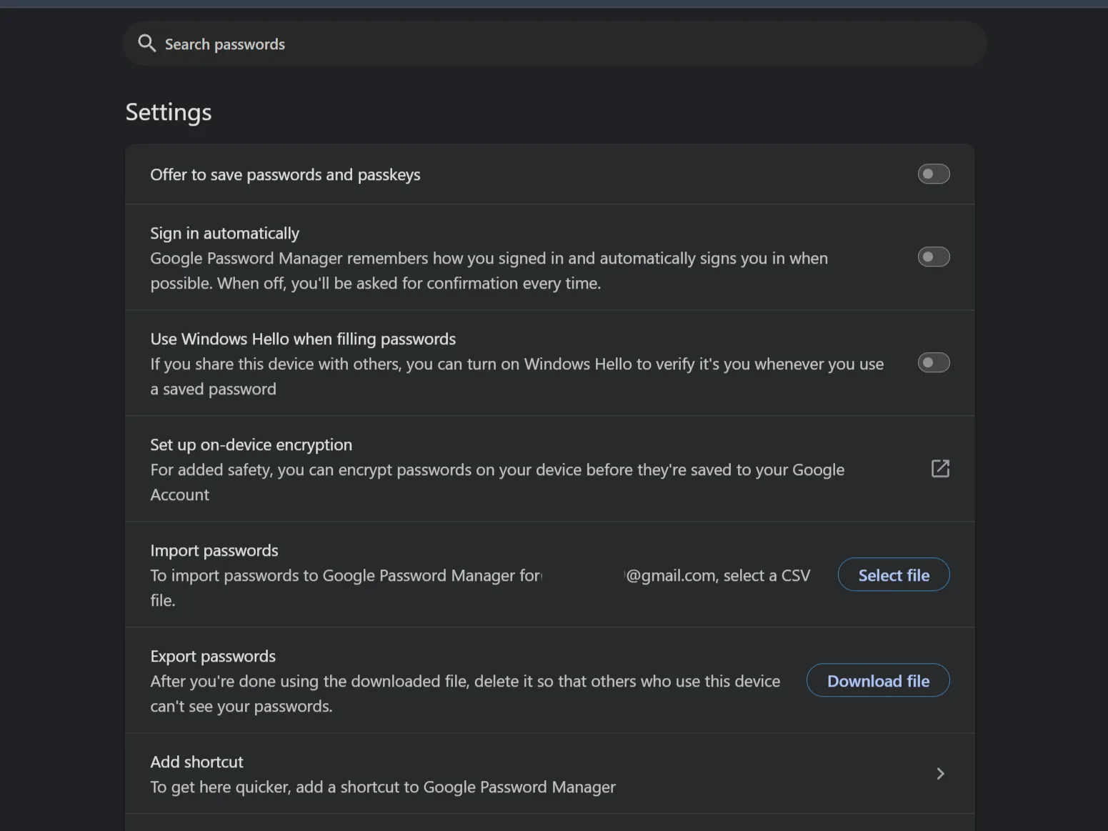 Google Chrome 中的 Google 密碼管理器設定。