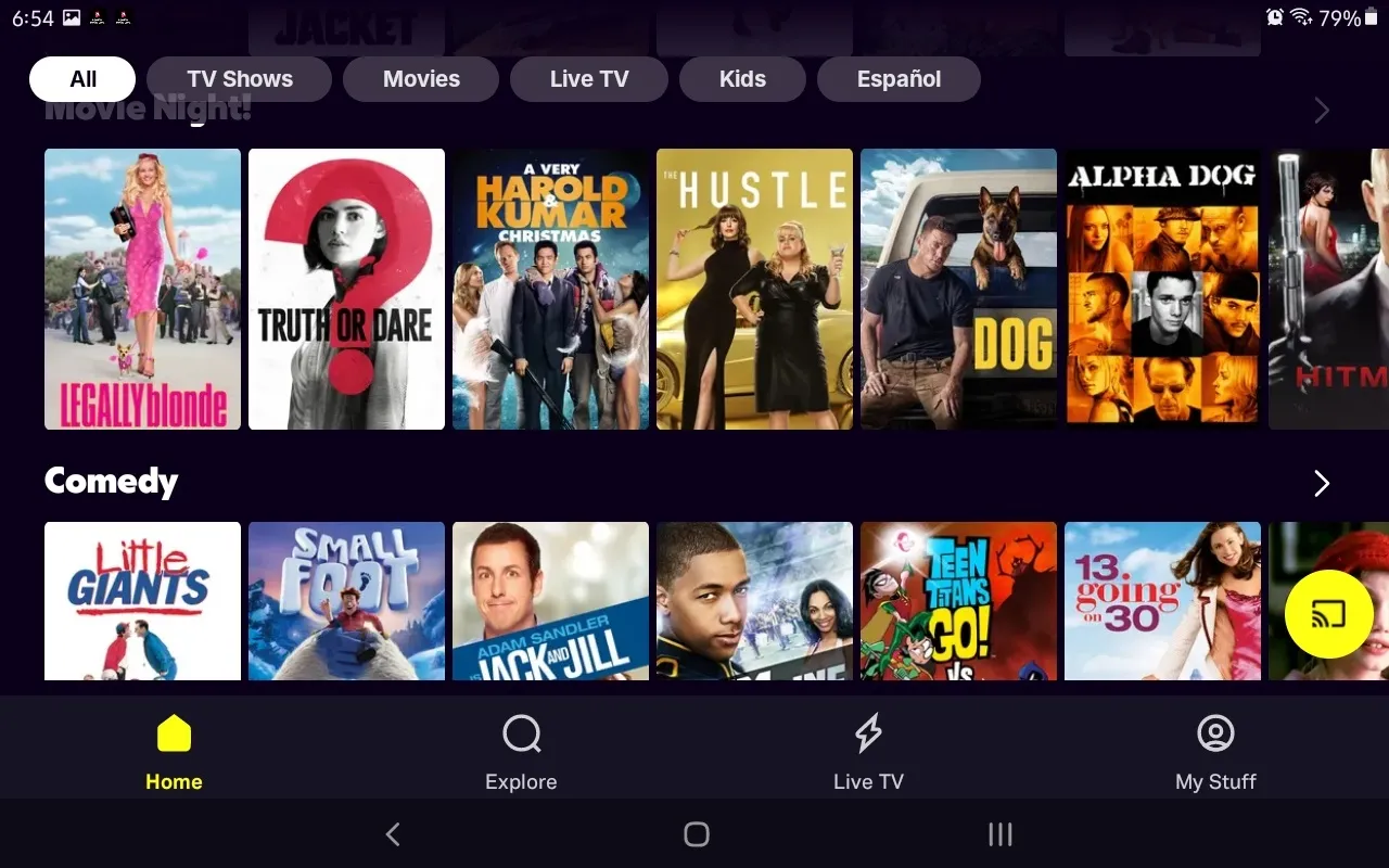 Tubi TV 應用程式主選單,提供精選電影、節目和直播頻道