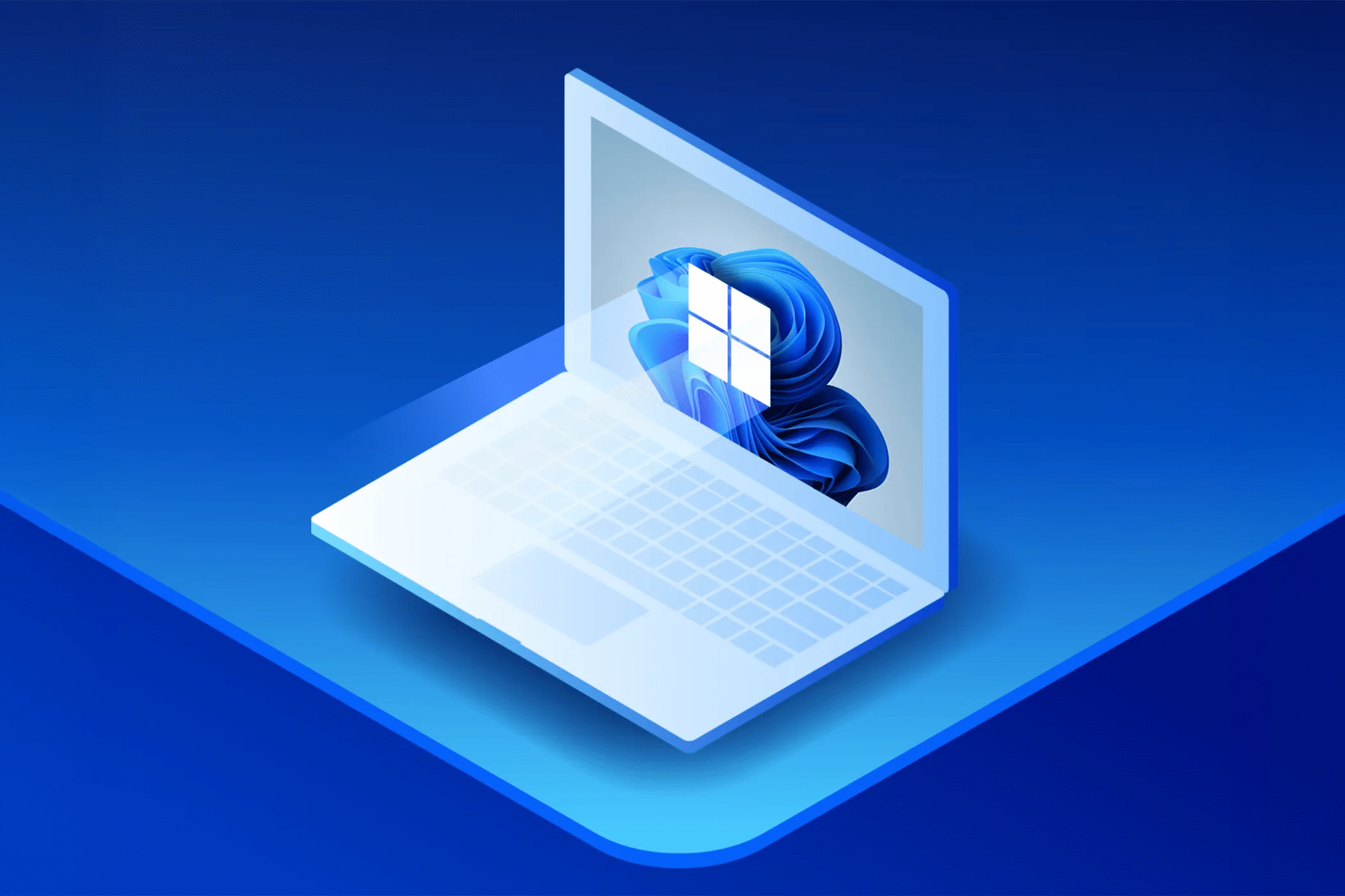 Illustrazione isometrica di un computer portatile con il logo di Windows 11 illuminato sullo schermo, su uno sfondo sfumato blu.