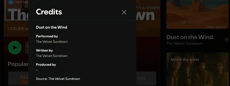 Minimalna liczba informacji na temat utworu stworzonego przez artystę AI w serwisie Spotify.