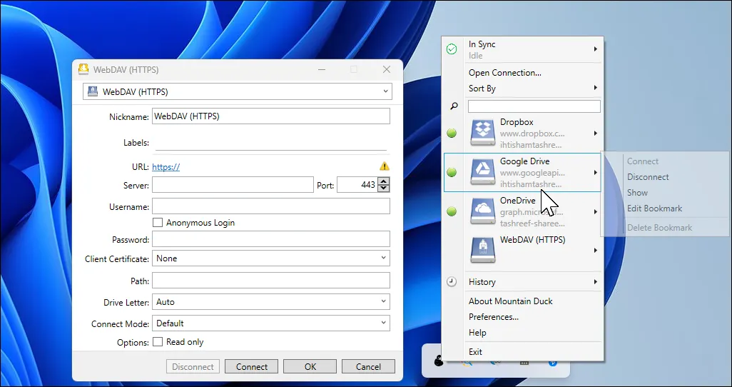 Windows 11 桌面上開啟的 Mountain Duck 開啟連線對話框