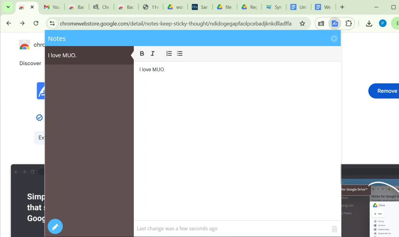 Estensione Note per Google Drive nel browser Chrome