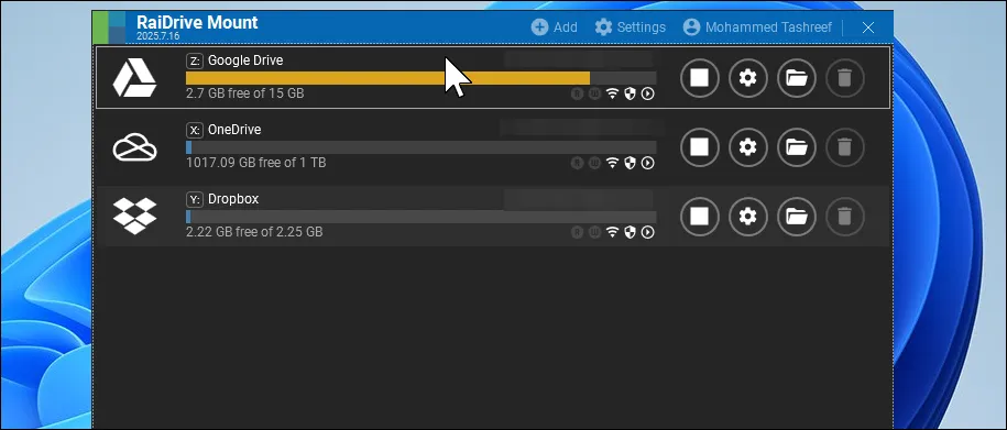RaiDrive 在 Windows 11 桌面上安裝已連線的磁碟機對話框